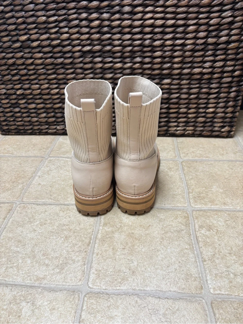 Oasis Society Neutral Cream Women's Knit-Top Leather Ankle Boots